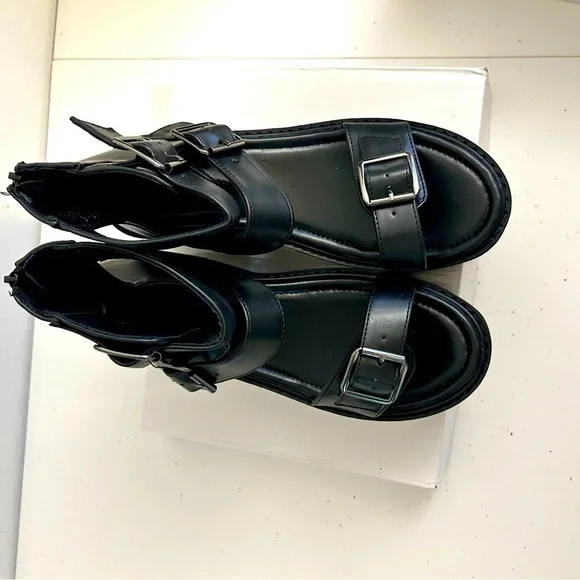 Buckle Flat-forms Wedge Sandals, Black Size 40(8) - Picture 2 of 8